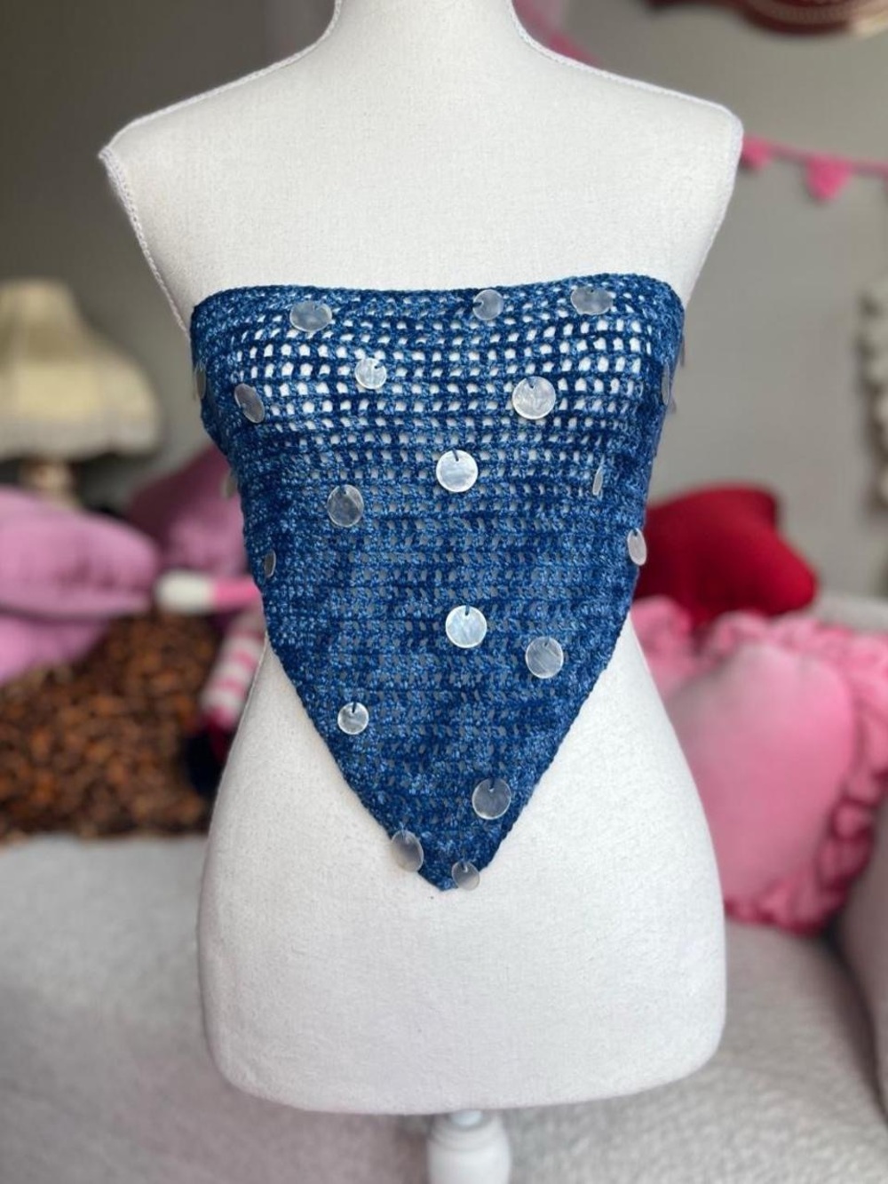 Handmade crochet bandana style top with shell sequins